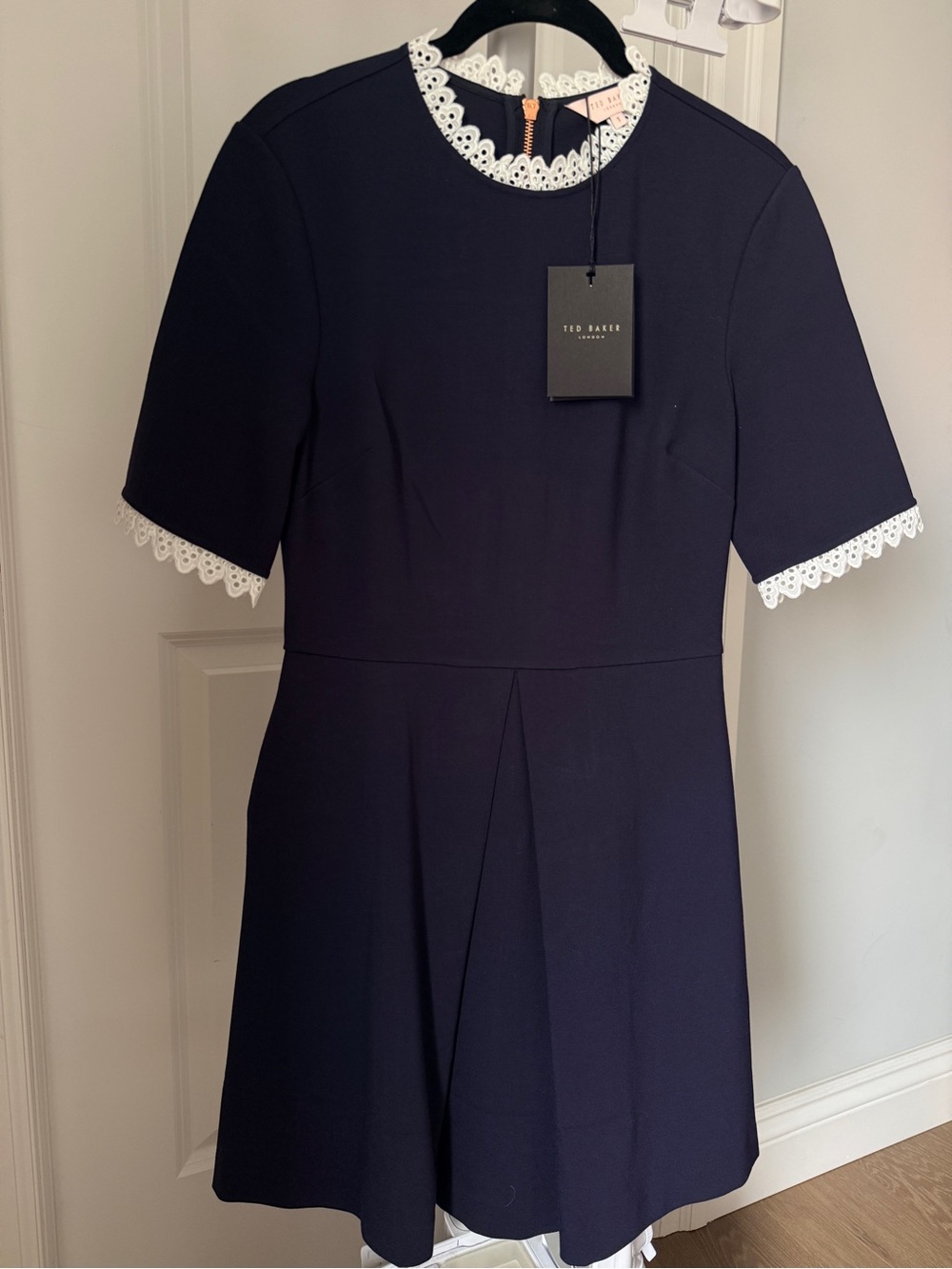 Ted Baker Blussum Navy Dress with White Lace Trim